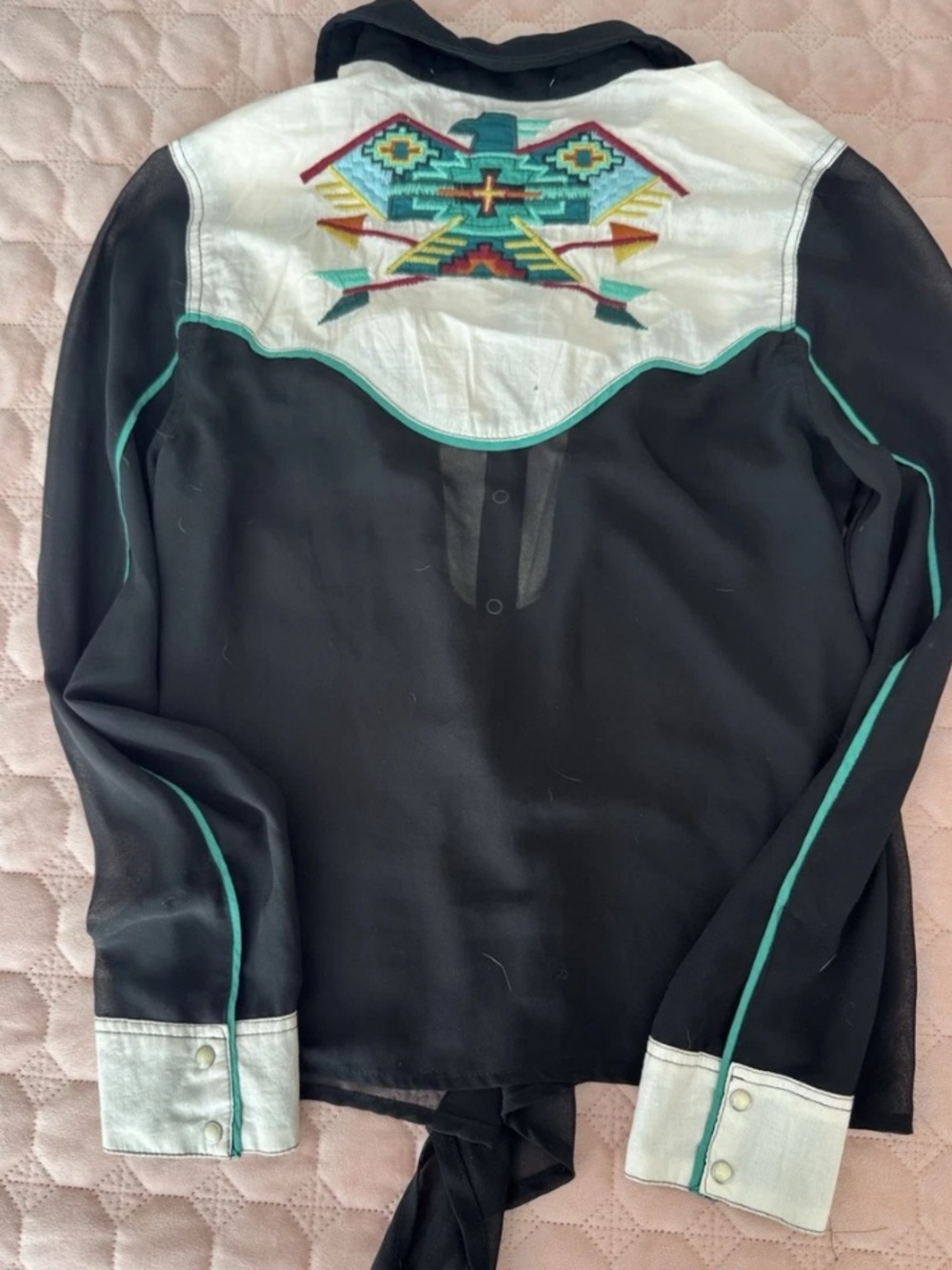 Double D Ranch Thunderbird pearl snap embroidered western top tie front RTL $295
